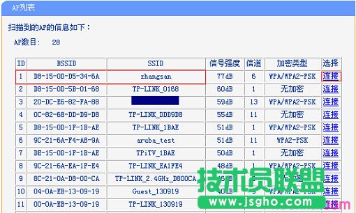 在掃描結(jié)果中,找到主路由器的無線信號,然后進行連接