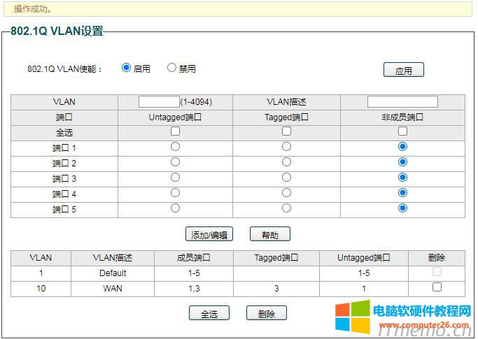 2、設(shè)置外網(wǎng)WAN,VLAN號(hào)為10,VLAN描述為WAN,Untagged端口為1,Tagged端口為3,點(diǎn)擊下面的“添加/編輯”。操作成功