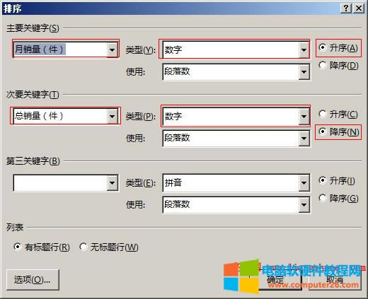 Word2016 表格主要關(guān)鍵字、次要關(guān)鍵字排序